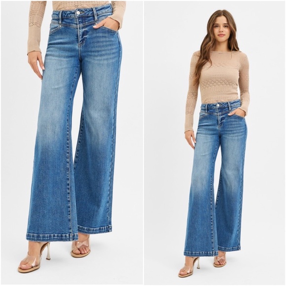 Medium Wash High Waist Stretchy Wide leg Denim Jeans - Picture 2 of 4